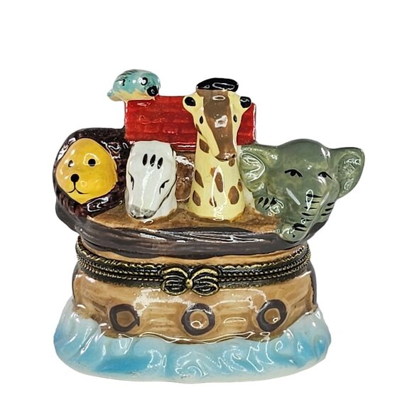 Vintage Noahs Ark Animal Trinket Box Ceramic Keepsake Lion Elephant Giraffe Bird - Picture 1 of 8